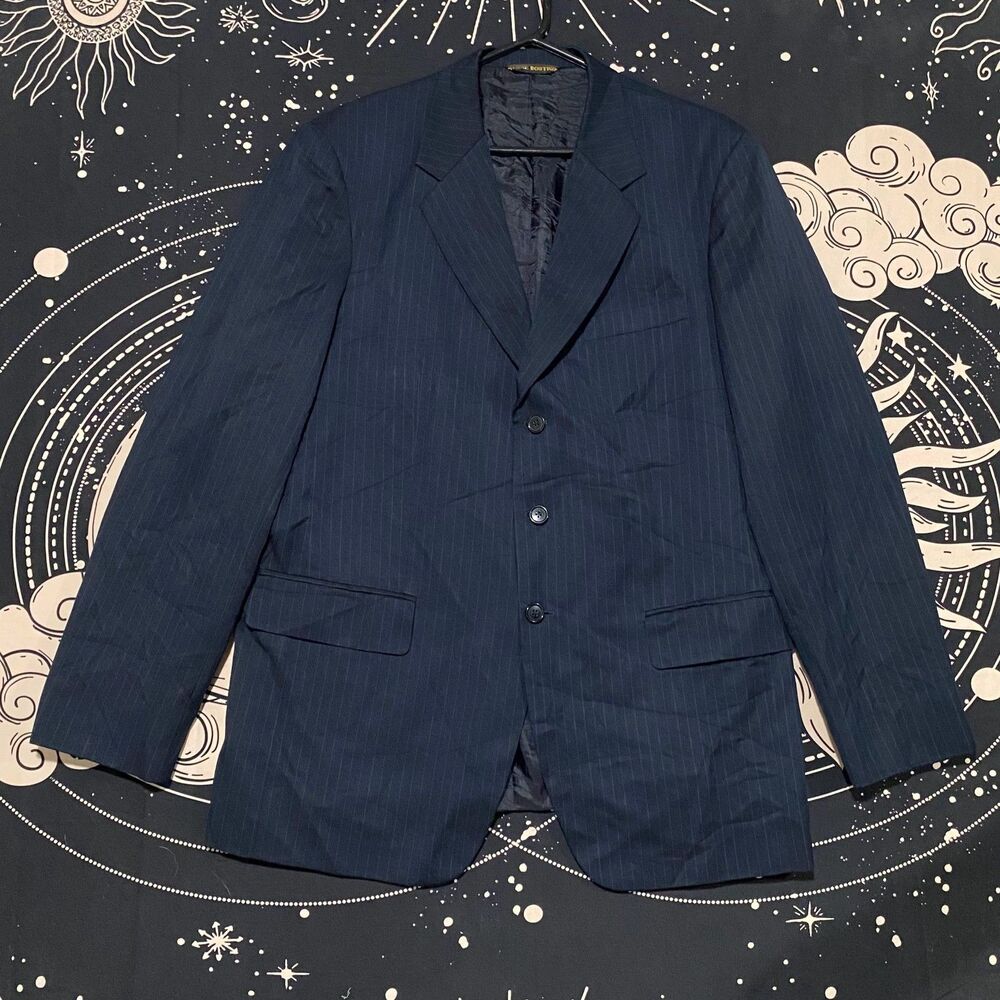 Pierre Boutique Blazer Coat Men's Blue Pinstripe 3-Button Business Preppy Career